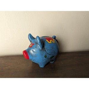 Vintage 1970s Neon Chalkware Blue Floral Piggy Bank